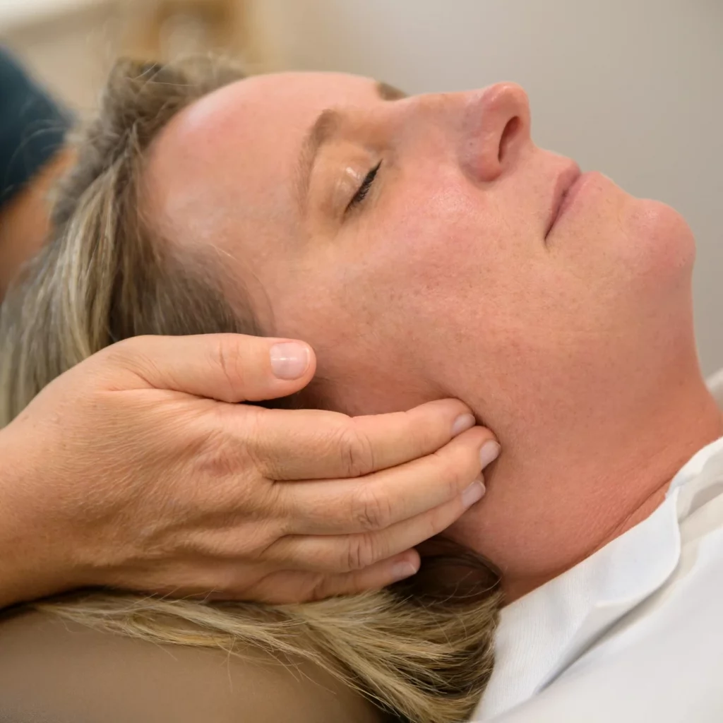 Physiotherapeutin behandelt Patientin am Kiefergelenk mit manueller CMD-Therapie bei Physiopunkt Brühl