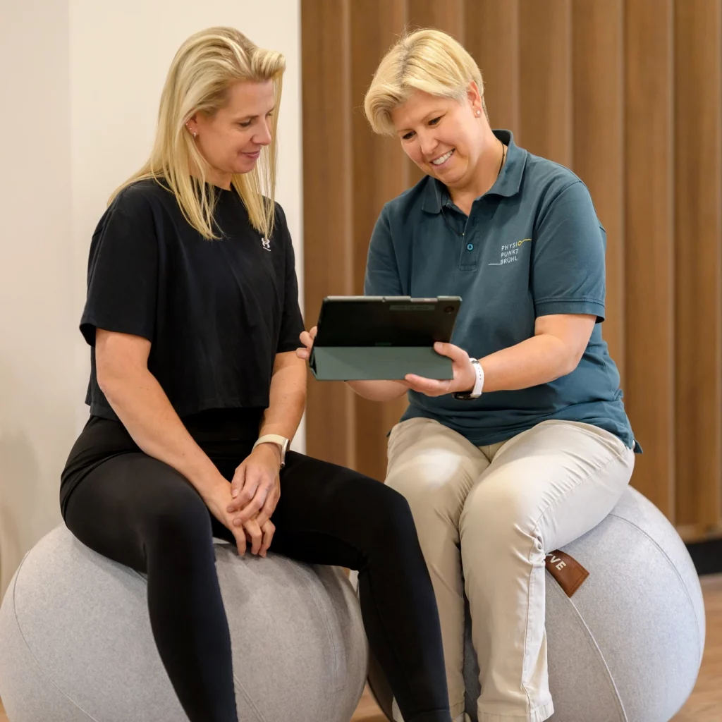 Physiotherapeutin von PhysioPunkt Brühl bespricht mit Patientin die Therapieziele am Tablet