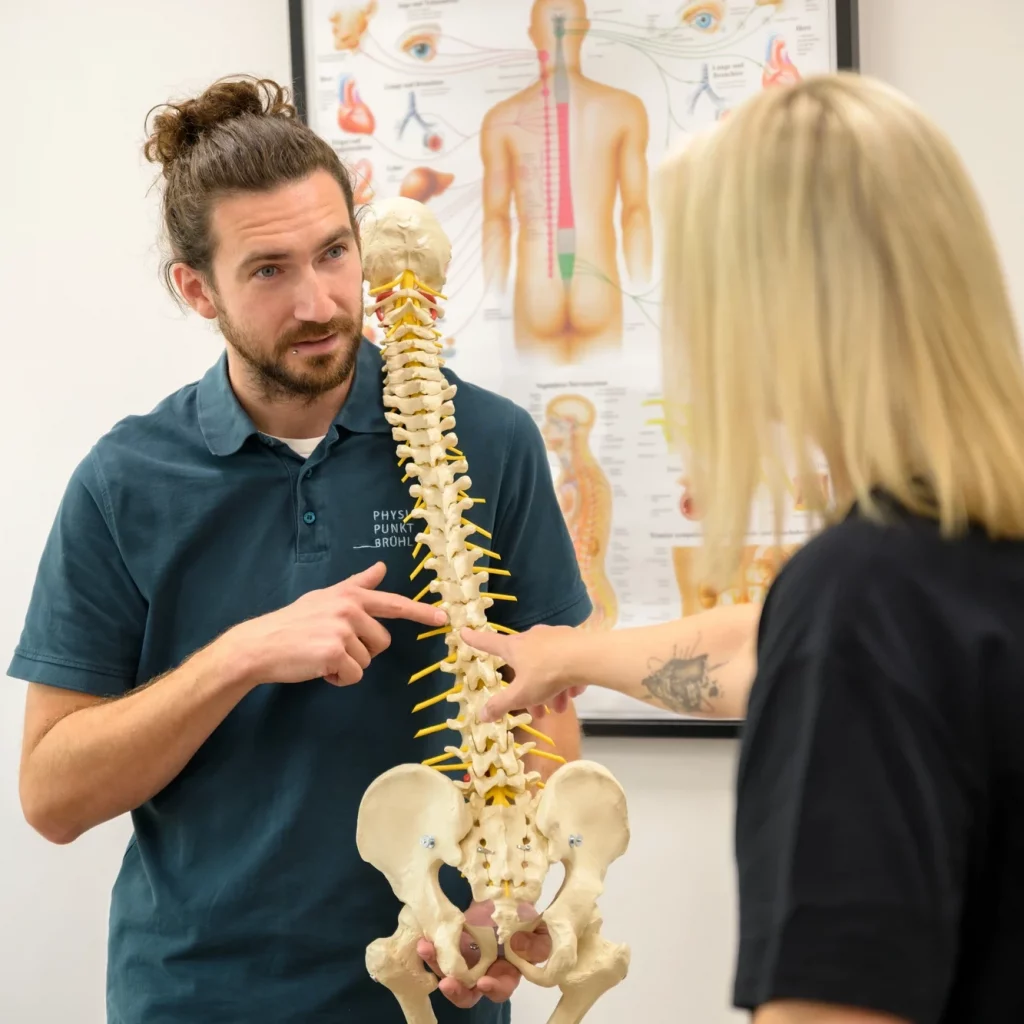 Therapeut erklärt Wirbelsäule als sektorale:r Heilpraktiker:in Physiotherapie in Brühl