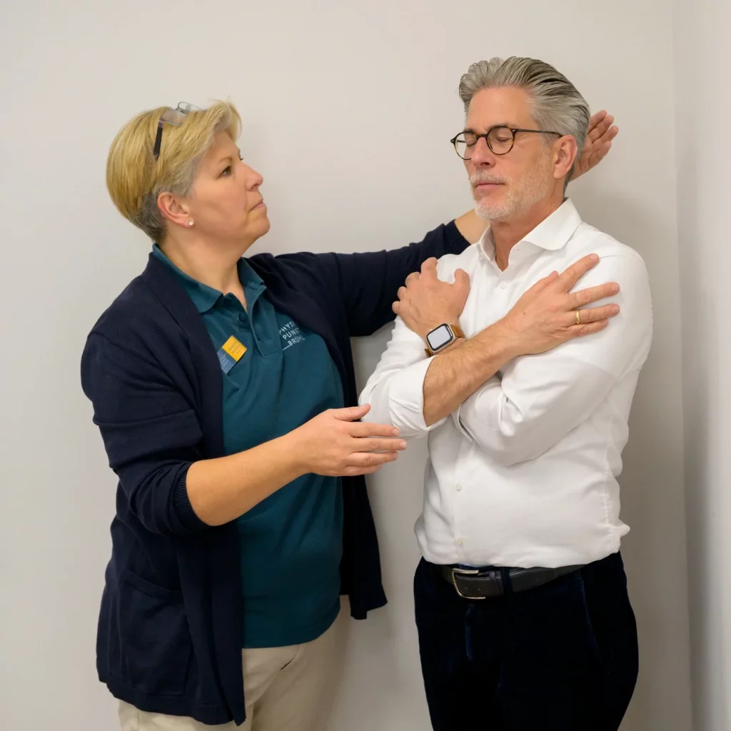 Physiotherapeutin von Physiopunkt Brühl begleitet einen Patienten bei einer orthopädischen Mobilisationsübung an der Wand