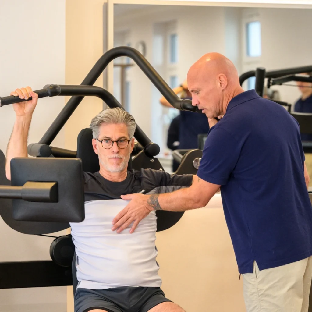Trainer unterstützt einen Mann beim Krafttraining an einem Trainingsgerät bei PhysioPunkt Brühl.