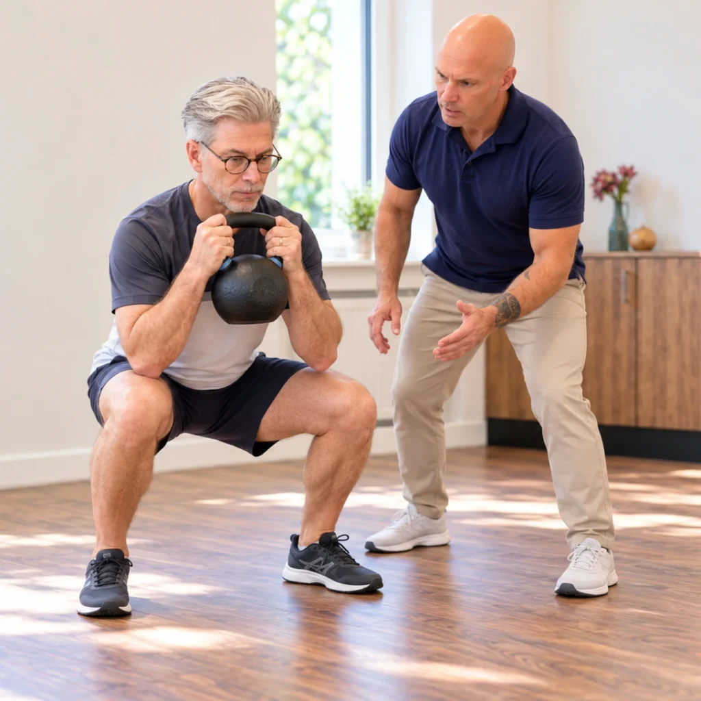 Trainer begleitet einen Mann bei einer Kniebeuge mit Kettlebell beim Personal Training von PhysioPunkt Brühl.