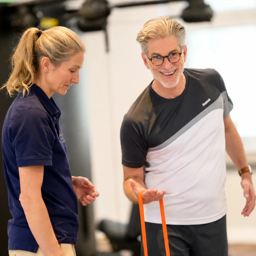 Lächelnder Mann trainiert mit einem orangefarbenen Widerstandsband neben einer Trainerin bei PhysioPunkt Brühl.